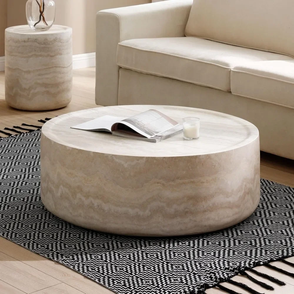 Round Coffee Table, 39.37” Tea Faux Travertine Textured Tables Fiberglass Side Tables End Table for Living Room, Apartment