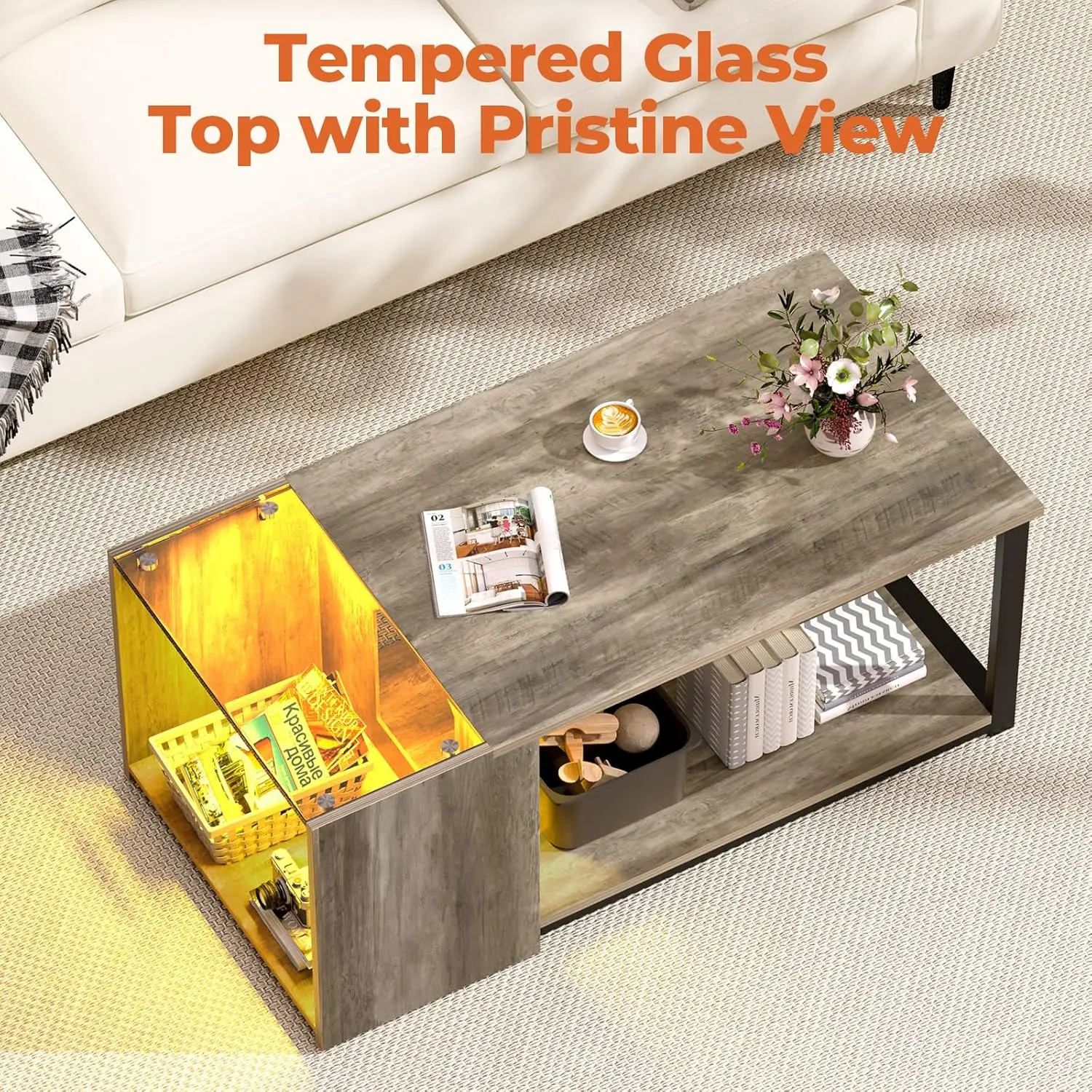 Coffee Table for Small Living Room, Modern Center Tables with Storage, Rectangular Glass Top Table with LED Light, Grey - Image 5