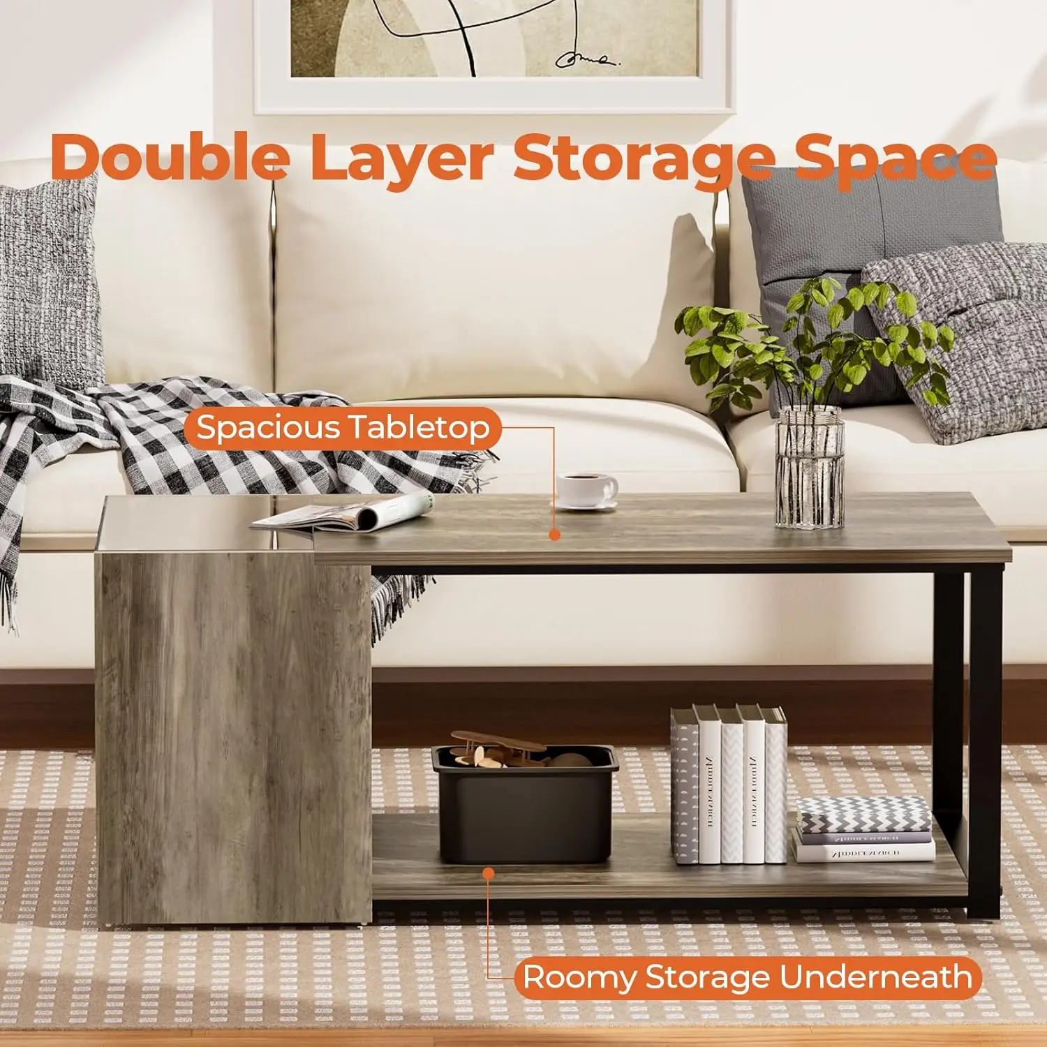 Coffee Table for Small Living Room, Modern Center Tables with Storage, Rectangular Glass Top Table with LED Light, Grey - Image 4