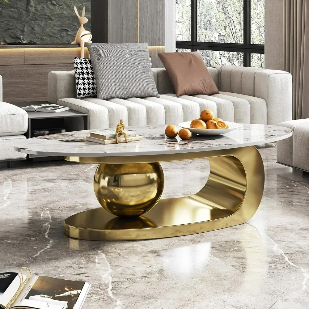 Modern Oval Stone Coffee Table with Abstract Gold Metal Base - Perfect Centerpiece for Stylish Living Rooms-Gold,51"Lx28Wx16.5H