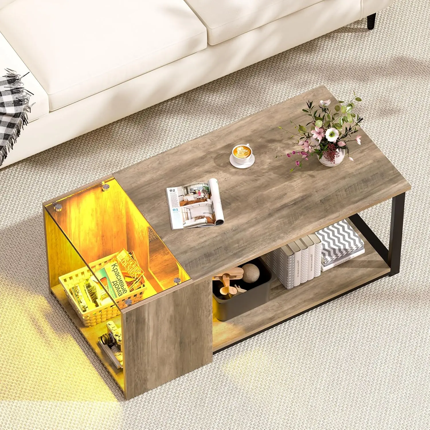 Coffee Table for Small Living Room, Modern Center Tables with Storage, Rectangular Glass Top Table with LED Light, Grey