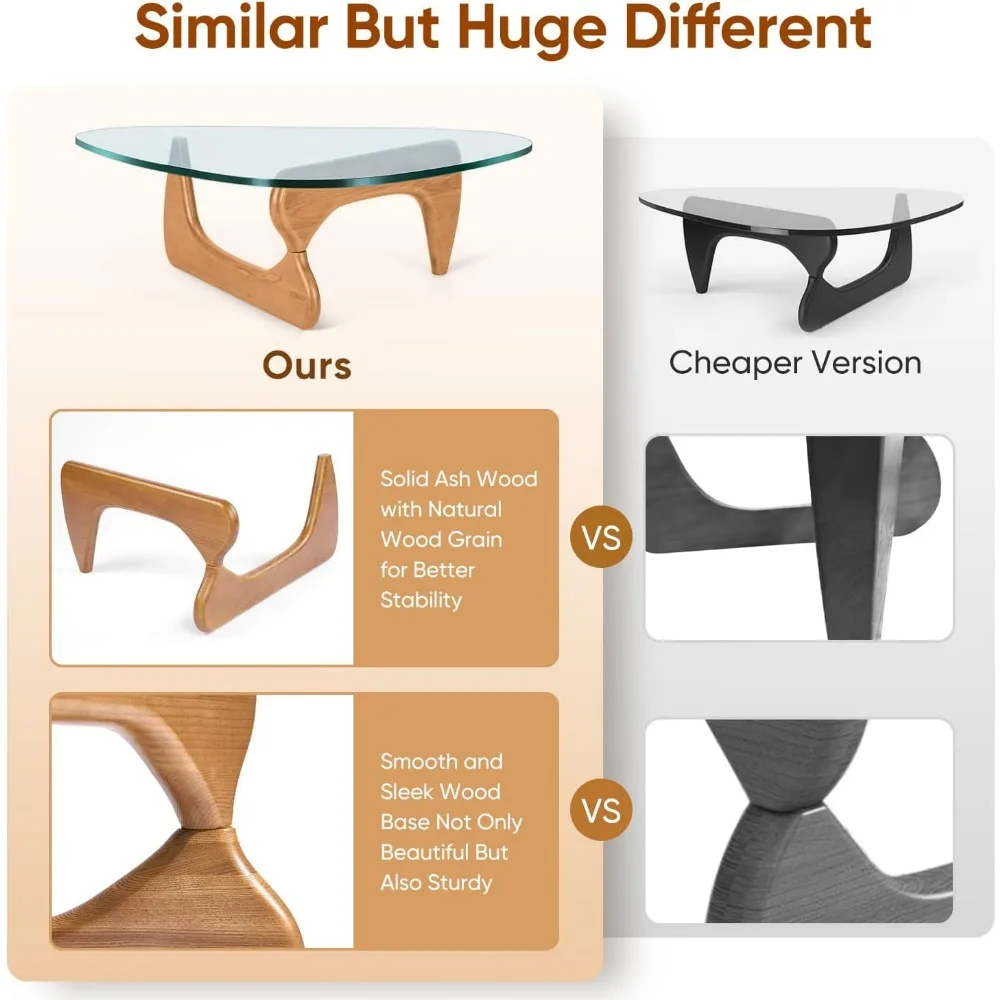 Triangle Glass Coffee Table Modern Noguchi Coffee Table, Vintage Glass, and Wood End Table, Solid Wood Base Accent Coffee Table - Image 6