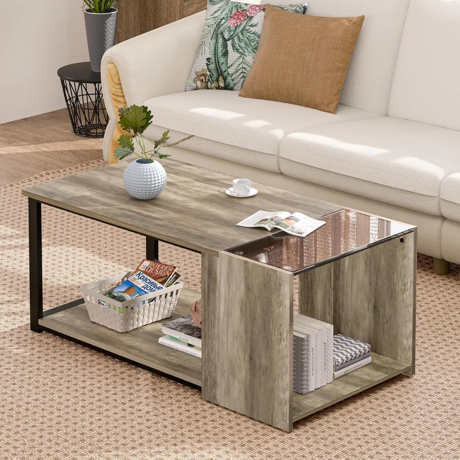 Coffee Table for Small Living Room, Modern Center Tables with Storage, Rectangular Glass Top Table with LED Light, Grey - Image 6