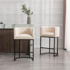 Contemporary Cream Linen Bar Stools Set of 2, 29" Upholstered Fabric Counter Height Barstools Kitchen Counter Island Stools with