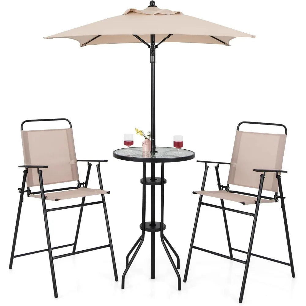 4-Piece Outdoor Bar Set, Round High Top Bar Table with 2 Folding Counter Height Chairs & Umbrella, Patio Bistro Table Set