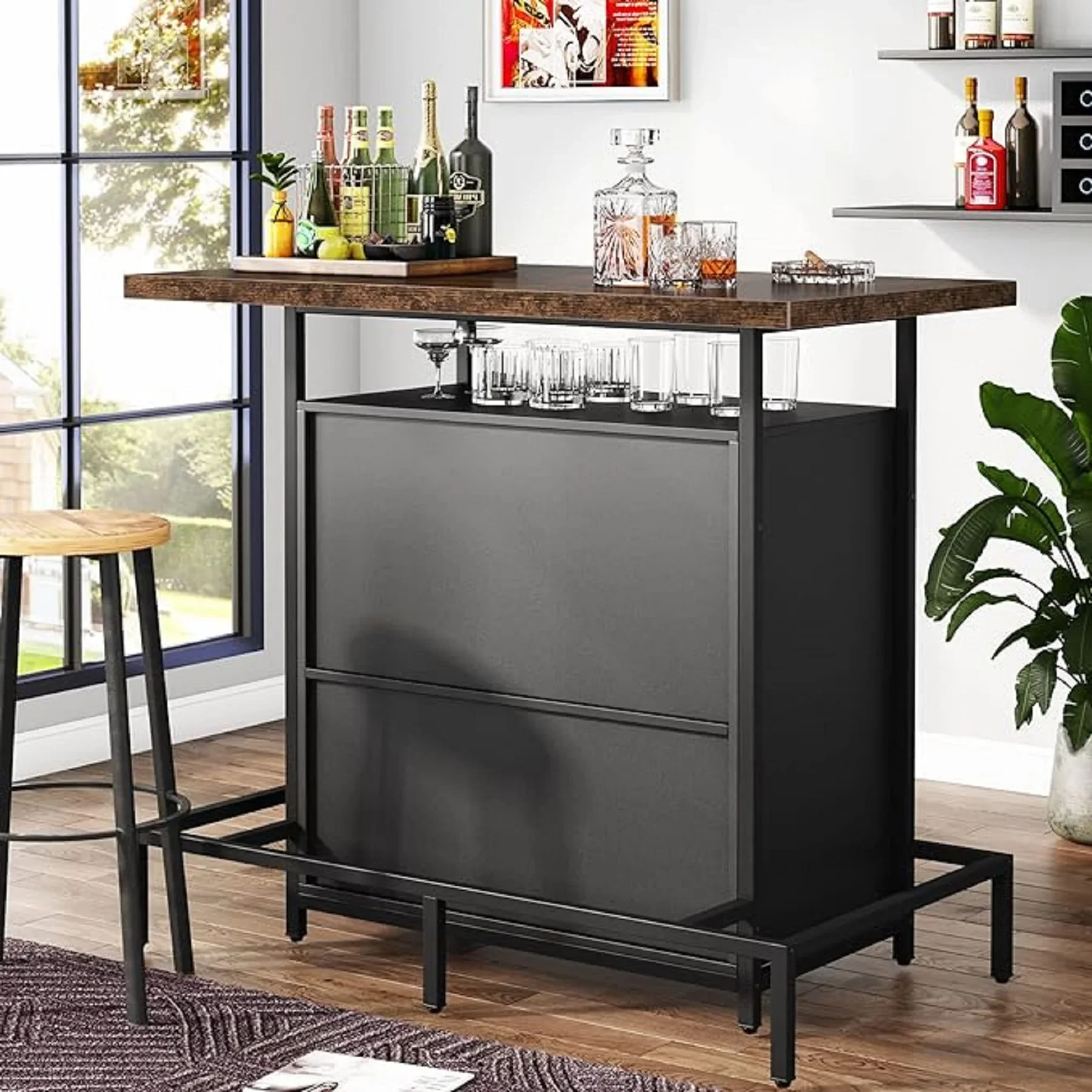 Tribesigns Home Bar Unit Cabinet with Footrest, Industrial 3-Tier Liquor Bar Table with Stemware Rack and Wine Storage - Image 3