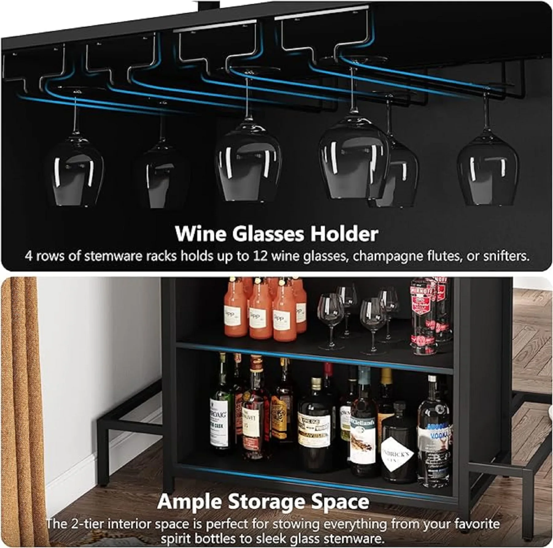 Tribesigns Home Bar Unit Cabinet with Footrest, Industrial 3-Tier Liquor Bar Table with Stemware Rack and Wine Storage - Image 2