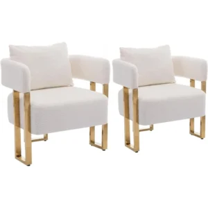 Modern Barrel Accent Chairs Set of 2, Living Room Side Chairs with Golden Metal Legs Soft Teddy Upholstered Reading Armchairs no