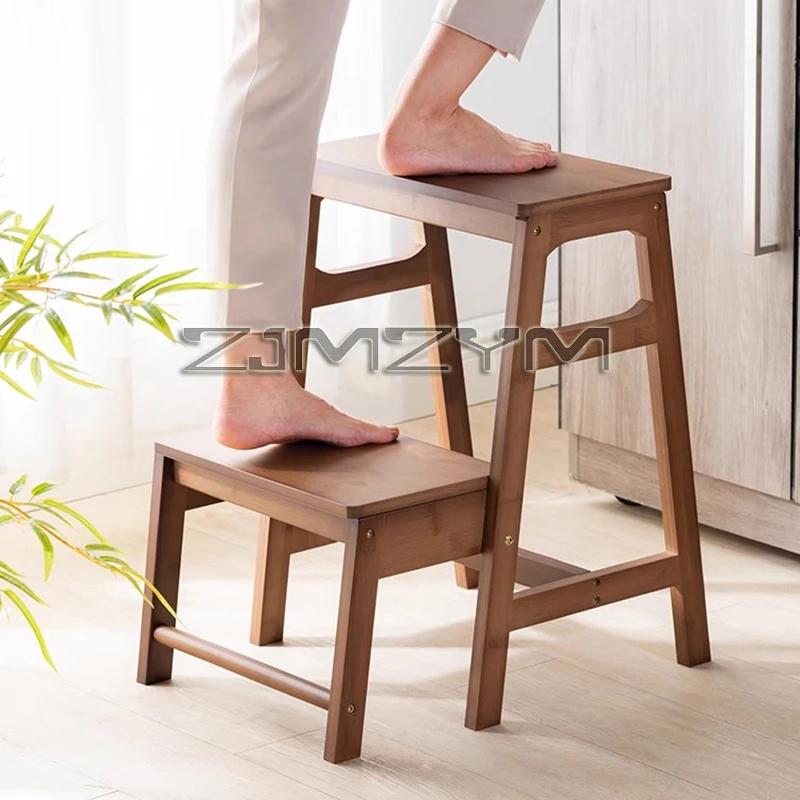 Bamboo Herringbone Ladder Multi-functional High Stools Kitchen Resin Rattan Weaving Ladder Stool Flip Folding Step Stool - Image 4