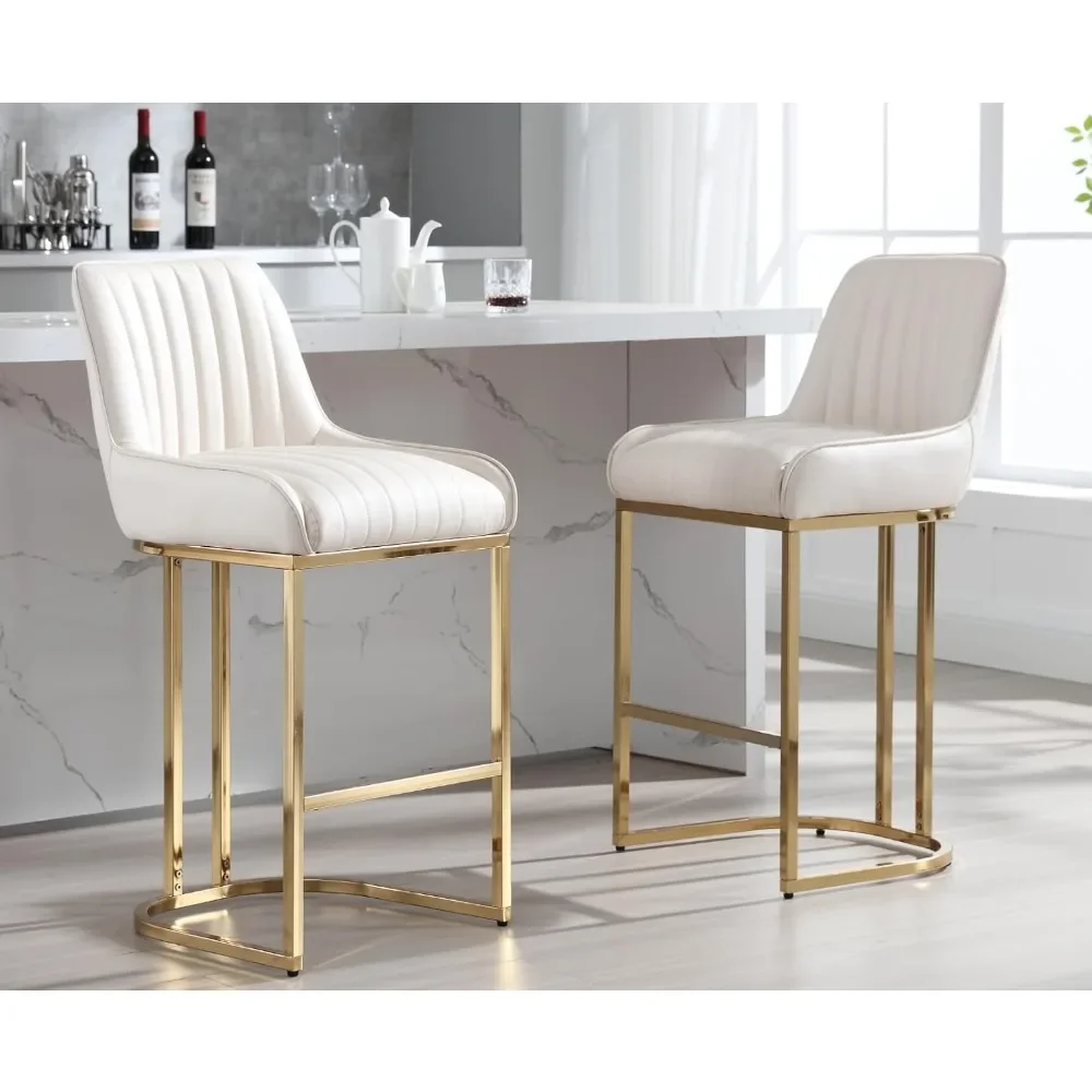 Counter Height Bar Stools Set of 2 with Back Modern Kitchen Counter Stools with Gold Legs Leather Island Chairs Comfy Stripe